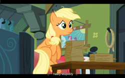 Size: 1024x640 | Tagged: safe, imported from derpibooru, screencap, applejack, apple family reunion, hatless, missing accessory, youtube caption