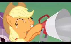 Size: 1024x640 | Tagged: safe, imported from derpibooru, screencap, applejack, apple family reunion, megaphone, youtube caption