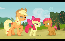 Size: 1024x640 | Tagged: safe, imported from derpibooru, screencap, apple bloom, applejack, babs seed, earth pony, pony, apple family reunion, appleseed, bedroom eyes, female, lesbian, lidded eyes, shipping, youtube caption