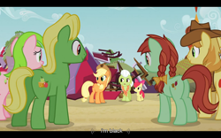 Size: 1024x640 | Tagged: safe, edit, edited screencap, imported from derpibooru, screencap, apple bloom, applejack, braeburn, candy apples, granny smith, red gala, wensley, earth pony, pony, apple family reunion, butt, caption, confession, female, filly, foal, male, mare, plot, racist barn, stallion, text, youtube caption