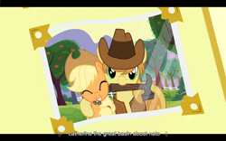 Size: 1024x640 | Tagged: safe, edit, edited screencap, imported from derpibooru, screencap, applejack, braeburn, pony, apple family reunion, caption, catherine the great, hammer, mouth hold, nail, nato, text, youtube caption