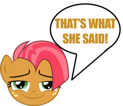 Size: 1070x920 | Tagged: safe, imported from derpibooru, babs seed, simple background, solo, speech bubble, that's what she said, transparent background, twss