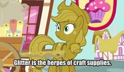 Size: 500x293 | Tagged: safe, edit, edited screencap, imported from derpibooru, screencap, applejack, earth pony, pony, apple family reunion, caption, female, image macro, luster dust, mare, solo, text