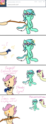 Size: 630x1700 | Tagged: safe, artist:fantasyglow, imported from derpibooru, bon bon, lyra heartstrings, scootaloo, sweetie drops, ask, gamer scootaloo, longbon, tumblr, wizard