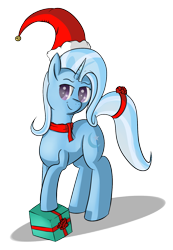 Size: 1167x1690 | Tagged: safe, artist:michix-papertrash, imported from derpibooru, trixie, clothes, hat, present, santa hat, scarf, smiling