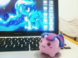 Size: 960x720 | Tagged: safe, artist:lunagamer, imported from derpibooru, princess luna, twilight sparkle, :3, blob, chibi, chubbie, computer, irl, laptop computer, macbook, macbook pro, photo, toy