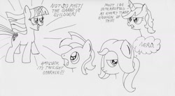 Size: 1280x709 | Tagged: safe, artist:the-ross, imported from derpibooru, twilight sparkle, oc, oc:combo breaker, oc:force magnitude, oc:shutterfly, comic:terrible fan, the return of harmony, female, male, mary sue, monochrome, open mouth, sketch