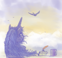 Size: 899x838 | Tagged: safe, artist:grayma1k, imported from derpibooru, princess luna, alicorn, bird, pony, book, cloud, cup, dusk, female, inkwell, mare, quill, solo, windswept mane