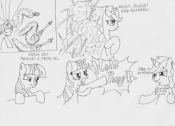 Size: 1280x920 | Tagged: safe, artist:the-ross, imported from derpibooru, twilight sparkle, oc, oc:force magnitude, pony, unicorn, comic:terrible fan, ace attorney, bipedal, female, frown, lineart, mare, mary sue, miles edgeworth, missile, monochrome, necktie, objection, phoenix wright, traditional art, unicorn twilight
