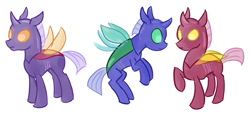 Size: 881x399 | Tagged: safe, artist:starlight-gaze, artist:tiitha, imported from derpibooru, oc, oc only, changedling, changeling, blue changeling, called it, changeling oc, hilarious in hindsight, purple changeling, red changeling, simple background, trio, white background