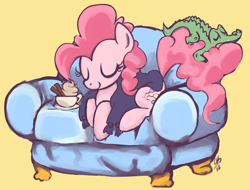 Size: 900x683 | Tagged: dead source, safe, artist:sickdogs, artist:trazodoned, imported from derpibooru, gummy, pinkie pie, earth pony, couch, female, hot chocolate, mare, sleeping, solo