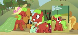 Size: 1213x545 | Tagged: safe, edit, edited screencap, imported from derpibooru, screencap, apple bottom, apple cinnamon, red june, apple cinnamon family, apple family, apple family member, bolo tie, clothes, dress, hat, plate spinning