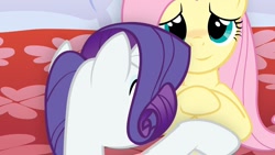 Size: 1366x768 | Tagged: safe, imported from derpibooru, fluttershy, rarity, bed, female, flarity, lesbian, shipping, snuggling