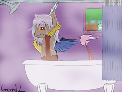 Size: 900x675 | Tagged: safe, artist:germaneseguy, imported from derpibooru, discord, princess celestia, bathtub, blushing, claw foot bathtub, eris, rule 63, shower, voyeurism, wet