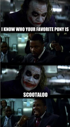 Size: 357x642 | Tagged: safe, imported from derpibooru, scootaloo, batman, heath ledger, joker with black guy meme, the dark knight, the joker