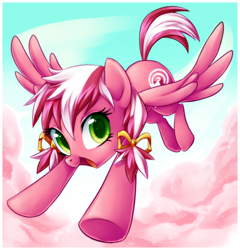 Size: 1000x1042 | Tagged: safe, artist:centchi, imported from derpibooru, oc, oc only, oc:candy star, pegasus, pony, bow, cloud, cotton candy, cotton candy cloud, cute, female, flying, food, hair bow, mare, open mouth, sky, smiling, solo