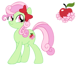 Size: 1100x941 | Tagged: safe, artist:quarium, imported from derpibooru, florina tart, minty apple, earth pony, pony, apple, apple family member, bow, cute, cutie mark, family, female, florinadorable, mare, reunion, simple background, transparent background
