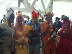 Size: 960x720 | Tagged: artist needed, safe, artist:demyxthemusican, artist:moanda, artist:sweetapplehonesty, artist:unkcos18, imported from derpibooru, applejack, fluttershy, pinkie pie, rainbow dash, tank, zecora, human, convention, cosplay, irl, irl human, otakon, photo, plushie