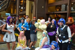 Size: 3456x2304 | Tagged: safe, artist:layettes, imported from derpibooru, fluttershy, human, convention, cosplay, everfree northwest, fursuit, group photo, irl, irl human, james wootton, photo