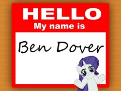 Size: 680x510 | Tagged: safe, imported from derpibooru, rarity, pony, bend over, looking at you, name tag, shrug, shrugpony, solo