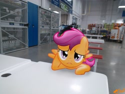 Size: 3264x2448 | Tagged: safe, artist:ojhat, imported from derpibooru, scootaloo, pony, bored, irl, photo, ponies in real life, sam's club, solo, table, vector