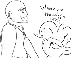 Size: 726x592 | Tagged: safe, imported from derpibooru, pinkie pie, earth pony, human, pony, and that's terrible, antagonist, crossover, dc comics, lex luthor, monochrome, pinkie pie is not amused, superman, unamused