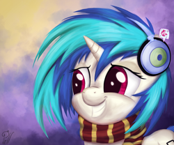 Size: 3600x3000 | Tagged: safe, artist:pirill, imported from derpibooru, dj pon-3, pinkie pie, vinyl scratch, pony, clothes, grin, headphones, scarf, smiling, solo