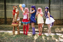 Size: 1280x853 | Tagged: safe, artist:nikitacosplay, artist:tomoyo chan, imported from derpibooru, applejack, fluttershy, pinkie pie, rarity, twilight sparkle, human, cosplay, high heels, irl, irl human, photo, shoes