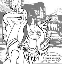 Size: 767x800 | Tagged: safe, artist:negativefade, imported from derpibooru, princess celestia, princess luna, clothes, coney island, crossover, hat, monochrome, ponified, the warriors