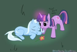 Size: 600x400 | Tagged: safe, artist:valiantrarity, imported from derpibooru, trixie, twilight sparkle, crying, flower, sad