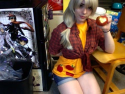 Size: 640x480 | Tagged: safe, artist:kaizoku cosplay, imported from derpibooru, applejack, human, apple, cosplay, food, irl, irl human, obligatory apple, photo, solo
