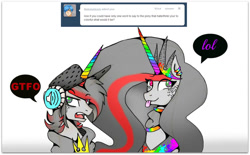 Size: 1024x636 | Tagged: safe, artist:nekomellow, imported from derpibooru, oc, oc only, oc:prince neon bass, oc:princess neon boom, alicorn, original species, pony, alicorn oc, ask, neon pony, tumblr