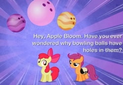 Size: 546x379 | Tagged: safe, edit, edited screencap, imported from derpibooru, screencap, apple bloom, scootaloo, earth pony, pegasus, pony, the cutie pox, bag, bowling ball, duo, female, filly, foal, image macro, purple background, simple background, sunburst background