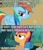 Size: 796x932 | Tagged: safe, imported from derpibooru, rainbow dash, scootaloo, cow and chicken, image macro, implied interspecies