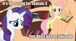 Size: 851x467 | Tagged: safe, edit, edited screencap, imported from derpibooru, screencap, fluttershy, rarity, magic duel, caption, image macro