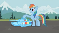 Size: 1280x717 | Tagged: safe, editor:i-shooped-a-pwny, imported from derpibooru, rainbow dash, tank, funny, literal, lol, pun, tank (vehicle)