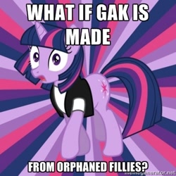 Size: 400x400 | Tagged: safe, imported from derpibooru, twilight sparkle, all caps, caption, conspiracy twilight sparkle, exploitable meme, gak, glue, image macro, impact font, implied death, meme, memegenerator, what if