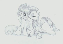 Size: 995x698 | Tagged: safe, artist:skyline14, imported from derpibooru, applejack, rarity, blushing, color me, female, kissing, lesbian, rarijack, shipping, sketch