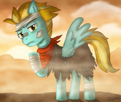 Size: 1024x870 | Tagged: safe, artist:mysteryezekude, imported from derpibooru, lightning dust, pony, wonderbolts academy, aftermath, bandage, bandana, cloak, clothes, desert, solo, sunset