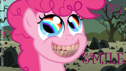 Size: 1077x607 | Tagged: safe, artist:i-shooped-a-pwny, edit, edited screencap, editor:i-shooped-a-pwny, imported from derpibooru, screencap, pinkie pie, the cutie mark chronicles, creepy, eye reflection, female, filly, filly pinkie pie, photoshop, rainbow, reflection, smiling, teeth, younger