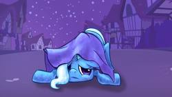 Size: 1280x720 | Tagged: safe, artist:arurein, imported from derpibooru, trixie, pony, magic duel, cape, clothes, cute, diatrixes, face down ass up, female, prone, scene interpretation, solo, tripsie, trixie's cape