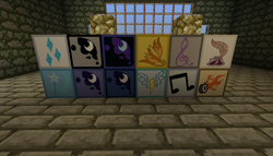 Size: 1304x746 | Tagged: safe, artist:glord, imported from derpibooru, dj pon-3, nightmare moon, octavia melody, princess luna, rarity, soarin', spitfire, trixie, vinyl scratch, wild fire, moonstuck, 64x, lauren faust, minecraft, textures, woona