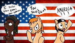 Size: 1300x752 | Tagged: safe, artist:pumpkin-head100, imported from derpibooru, earth pony, pony, flag, matt, matt (tbfp), pat, pat (tbfp), ponified, two best friends play, united states, woolie, woolie (tbfp)