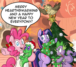 Size: 1200x1069 | Tagged: safe, artist:pippy, imported from derpibooru, gummy, owlowiscious, pinkie pie, spike, twilight sparkle, pinkiepieskitchen, apron, candy, candy cane, christmas, christmas tree, clothes, food, golden oaks library, happy new year, hat, hearth's warming eve, holiday, pinkie pie's drunk kitchen, present, santa hat, sweater, tree