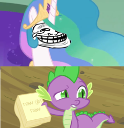 Size: 680x703 | Tagged: safe, imported from derpibooru, princess celestia, spike, trollestia, trollface, wat