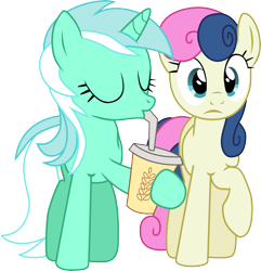 Size: 6025x6240 | Tagged: safe, artist:comradesparkle, imported from derpibooru, bon bon, lyra heartstrings, sweetie drops, earth pony, pony, unicorn, magic duel, absurd resolution, cup, duo, female, mare, oat smoothie, simple background, smoothie, straw, transparent background, vector