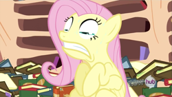 Size: 1279x720 | Tagged: safe, imported from derpibooru, screencap, fluttershy, pegasus, pony, magic duel, season 3, female, great moments in animation, hub logo, mare, smear frame
