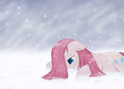Size: 1120x800 | Tagged: safe, artist:muffinsforever, imported from derpibooru, pinkie pie, earth pony, pony, crying, female, lying down, pinkamena diane pie, prone, snow, snowfall, solo