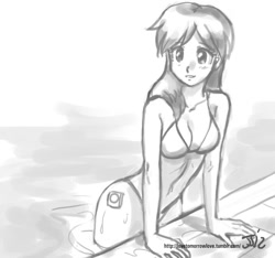 Size: 1280x1200 | Tagged: safe, artist:johnjoseco, imported from derpibooru, shutterfly, tracy flash, human, bikini, clothes, cutie mark on human, grayscale, humanized, monochrome, swimsuit