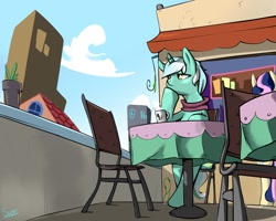 Size: 1280x1024 | Tagged: safe, artist:swomswom, imported from derpibooru, bon bon, lyra heartstrings, sweetie drops, cafe, chair, city, duo, rooftop, scenery, sitting, solo focus, table